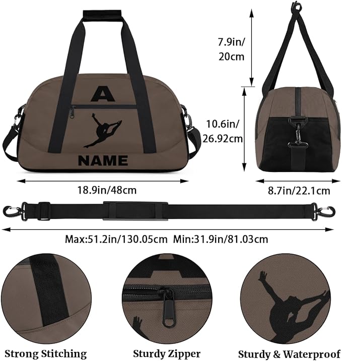 Personalize-Kids-Sports-Duffel-Bags With Custom Name Text Carry-On Overnight Travel Gym Lightweight Dance Pattern Sports Bags For Girls Boys Kids,Brown