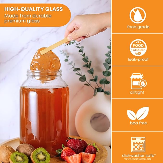 FastRack 8 pack One Gallon Wide Mouth Jar with 10 White Metal Airtight Lids | Glass Canisters with Airtight Lids | Large Mouth Glass Jar with Fermentation Lid for brewing, fermentation and pickling