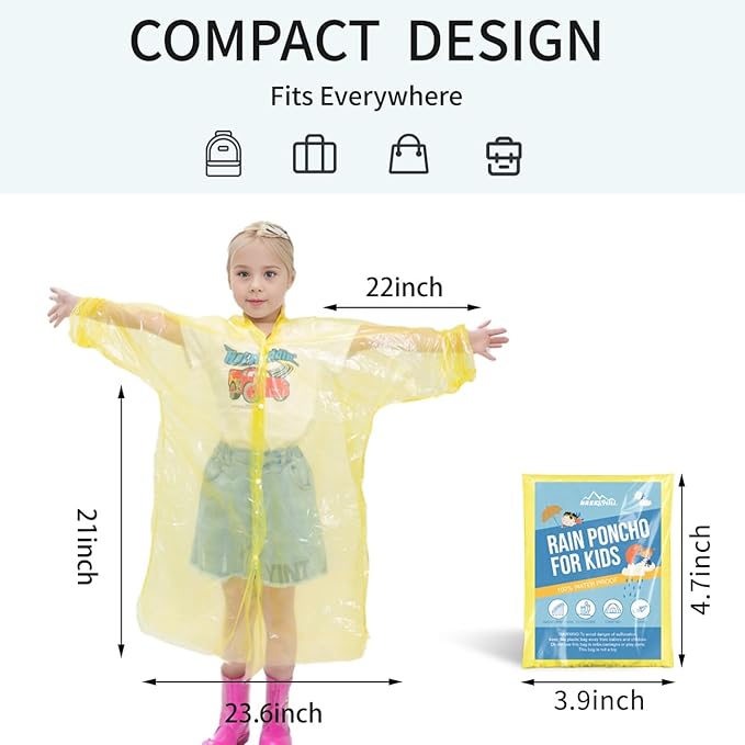 Disposable Rain Ponchos for Kids,Rain Ponchos Family Pack,Clear Kids Ponchos,Individually Wrapped.