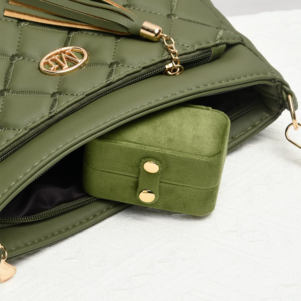 Travel Jewelry Case, Portable Pocket Size Small Plush Velvet Ring Box for Women, Mini Ring Holder and Organizer with 7 slots for purse(Avocado Green)