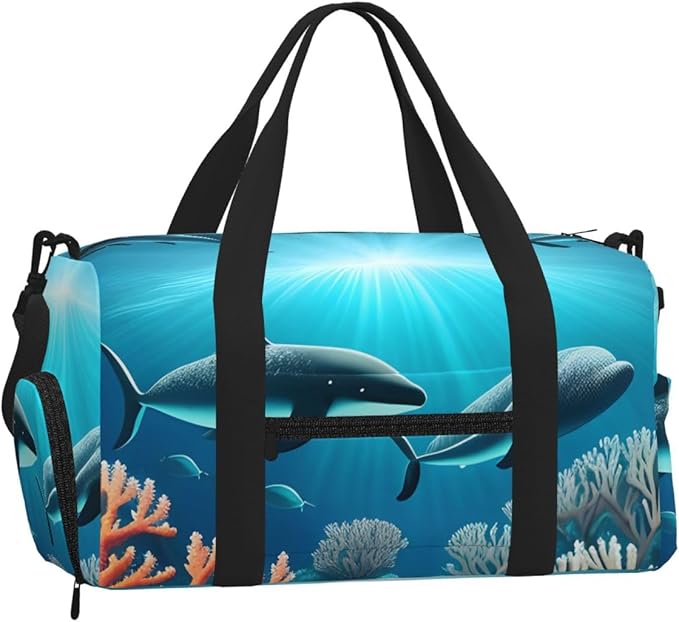 Whales under the sea Print Gym Bag with Shoe Compartment for Women Men, 17.7in Sports Duffle Weekender Tote, Overnight Travel Duffel Bag Carry On