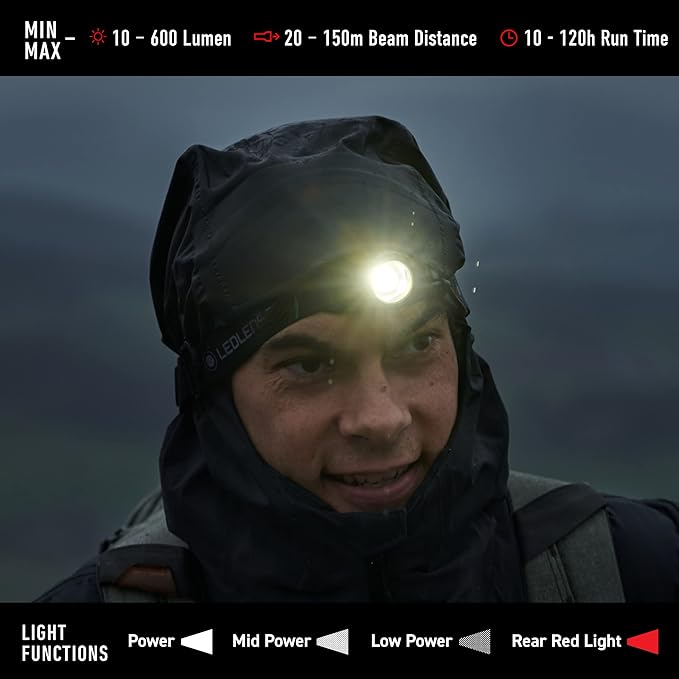 Ledlenser MH10 Rechargeable Headlamp - Black, 600 Lumens - High Weight-to-Lumen Ratio LED Headlamp - 120-Hour Runtime Rechargeable Headlight - Integrated Red Rear Visibility Hard Hat Light