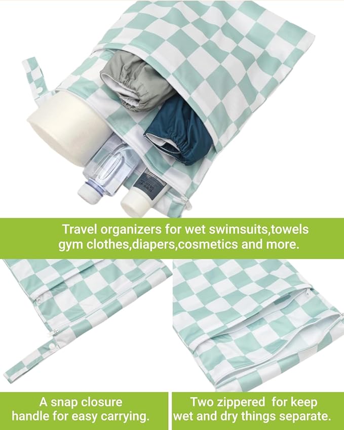 Wet Dry Bag Reusable Waterproof Swimming Bag Travel Beach Pool Yoga Gym Bag for Baby Cloth Diaper Swimsuits Wet Clothes Two Zipper Pockets 3 Pack 3L24