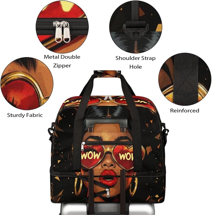 Foldable Travel Duffel Bag for Women - Carry on Personal Item Bag with Shoes Compartment, Weekender Overnight Duffle Bags Sport Tote Gym Luggage for Airplanes(Black Women Wow)