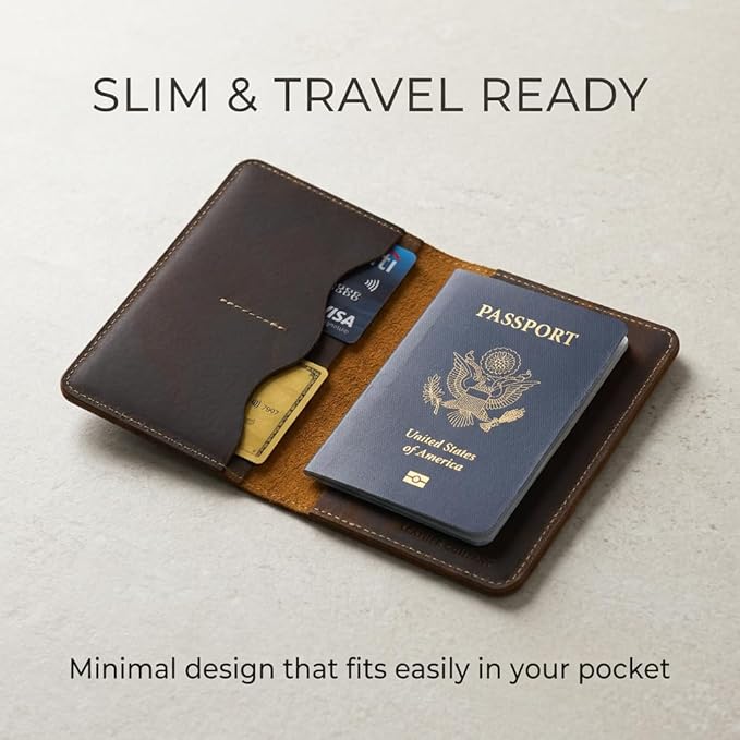 Rustique Leather Passport Holder Collection - Handmade Travel Wallet & Organizer - Full Grain Crazy Horse Leather Covers for Men & Women (Multiple Styles) (Wavy Pocket Wallet - Tobacco & Honey)