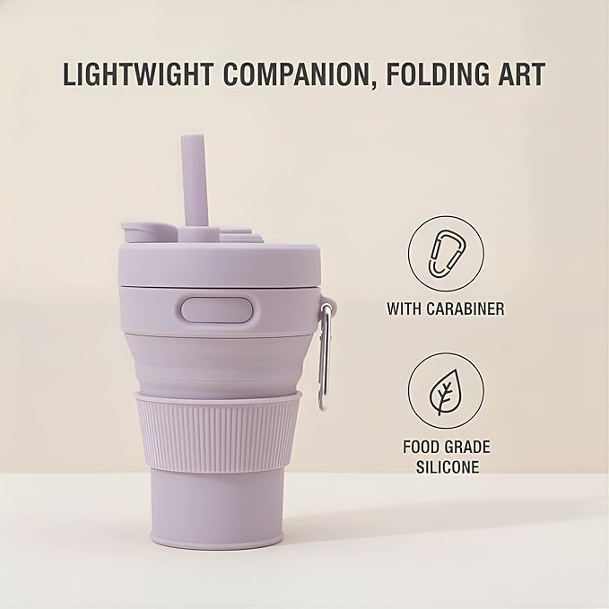 Silicone Coffee Mug Collapsible Cups for Camping Folding Travel with Straw Reusable Portable Drinking Cups Outdoor Hiking 450ml (Purple-450ml, 1)