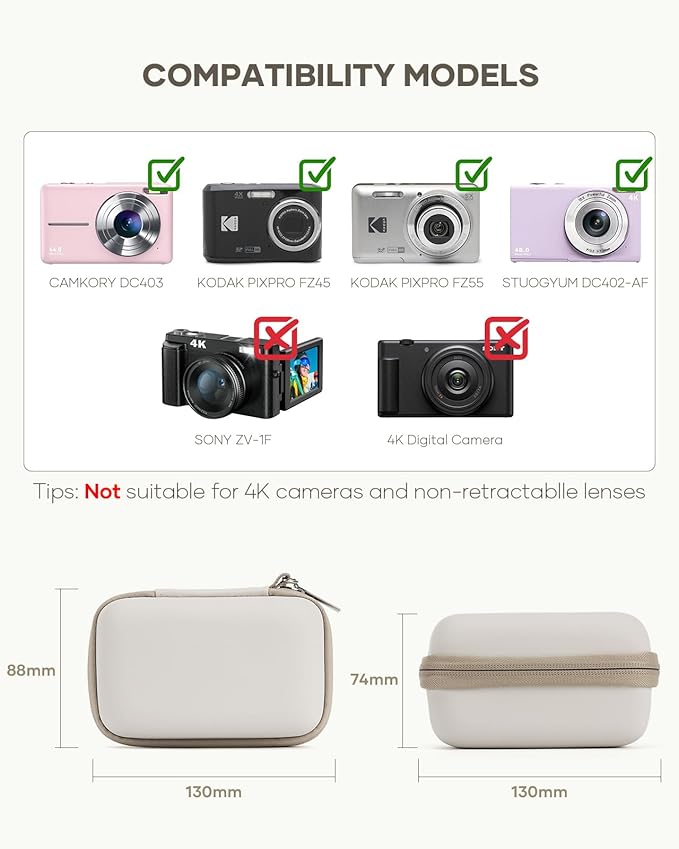 Digital Camera Case Fit for KODAK PIXPRO FZ45/FZ55/ CAMKORY/STUOGYUM DC402-AF/Canon IXUS, Storage Travel Carry Case with 3 SD Card Slots for Camera, Batteries, SD Card, Beige