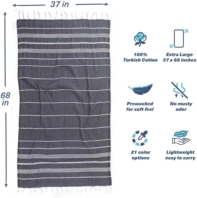 Hencely Turkish Beach Towel 37x68 Oversized, Sand-Free, Quick-Dry, Lightweight - Travel Essential for Pool & Bath - Striped 100% Cotton Bathroom Towels Accessories Gift (Black)