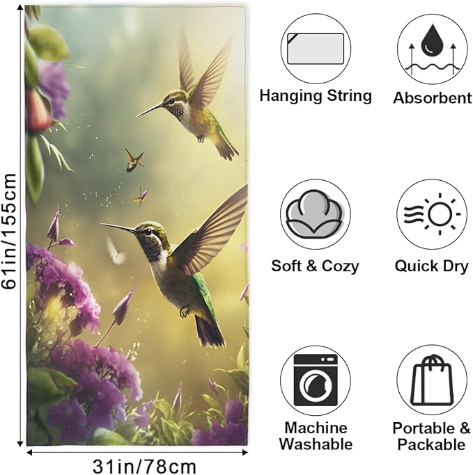 Hummingbird Flower Beach Towel, Large Microfiber Quick Dry Lightweight Pool Bath Towels Sand Free Beach Blanket for Summer Cruise Yoga Camping Travel Vacation Essentials 31 x 61 in