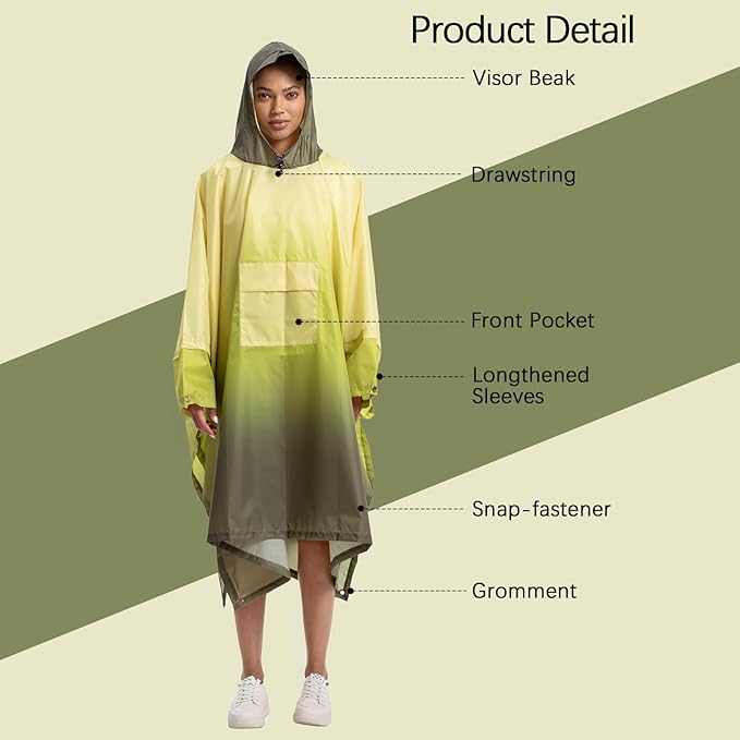 NUUR Rain Poncho for Women Adults Unisex Hooded Zipper Raincoat Waterproof Reusable Hiking Rain Coat with Pockets