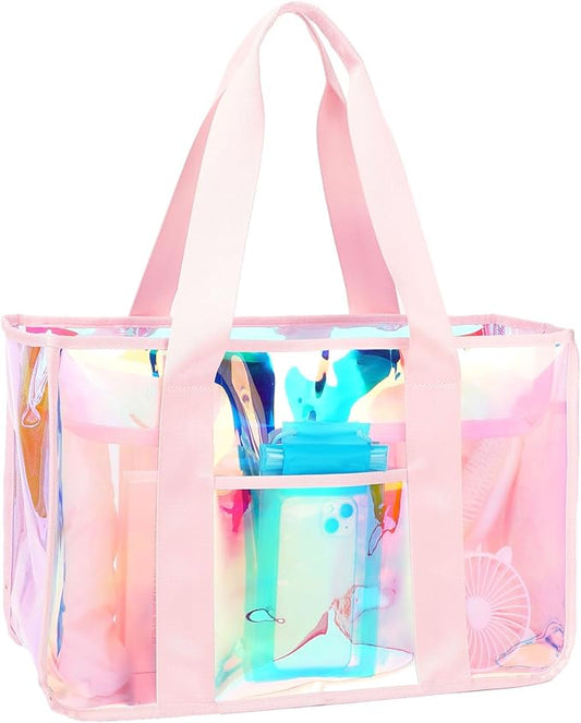 Iridescent Clear Beach Bag for Women, Large Pool Tote Cruise Vacation Essentials - Waterproof, Zipper Closure