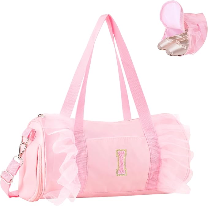 Personalized Initial Dance Bag for Girls 6-9, Medium Lace Gym Sport Yoga Cheer Dance Bags Gift for Teen Girls, Cute Letter Kids Ballet Bag Toddler Travel Duffel Tote with Adjustable Straps(Pink-I)