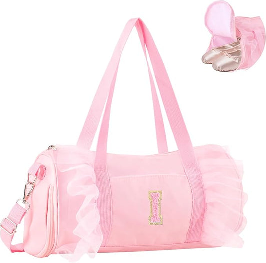 Personalized Initial Dance Bag for Girls 6-9, Medium Lace Gym Sport Yoga Cheer Dance Bags Gift for Teen Girls, Cute Letter Kids Ballet Bag Toddler Travel Duffel Tote with Adjustable Straps(Pink-I)