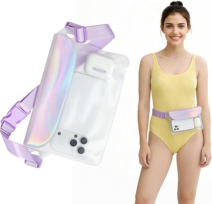 IP68 Waterproof Phone Pouch Case Three-Layer Seal for iPhone 17 16 Pro Max/15/14, IP68 Travel Cellphone Dry Bag Beach Cruise Ship Essential Fanny Pack with Crossbody Lanyard, Iridescent