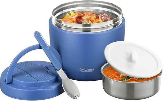 Thermo Food Jar for Hot Food Adults 32OZ Soup Thermo Lunch Containers Wide Mouth Vacuum Insulated Stainless Steel Leakproof Bento Box with Spoon (Blue)