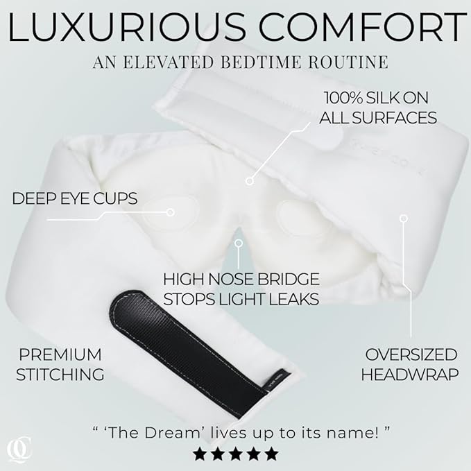 QUIET COVE Plush 3D Contoured Silk Sleep Mask - Total Blackout, 100% Silk 22 Momme, Foam Eye Cups Do Not Crush Eyelashes, Luxe Cloud Filling for Side Sleeping Comfort (Pearl White) Luxury Gift Box