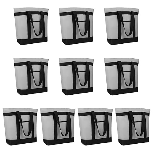 CIVJET Insulated Cooler Bag, 10PK Insulated Tote Bag for Grocery Shopping, Cooler Bags for Travel/Beach/Picnic, Pizza/Food Delivery Bag to Keep Cold/Hot (Oxford Cloth, Non-Waterproof, Grey)
