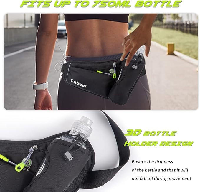 Labeol Waist Pack, Waterproof Hydration Belt with Water Bottle Holder, Adjustable Fanny Pack for Running, Hiking, Walking, Cycling, Black