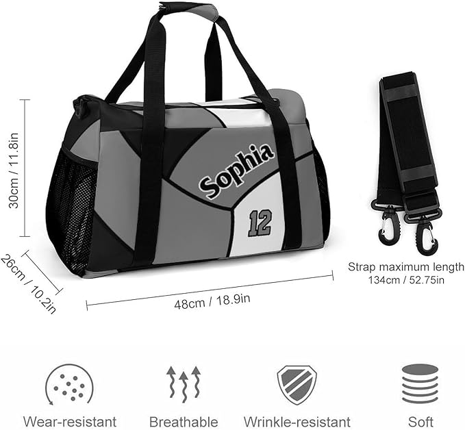 Custom Volleyball Black Grey Duffel Bag with Name Personalized Travel Bags Sport Gym Bag Carry On Weekender Bags for Men Women