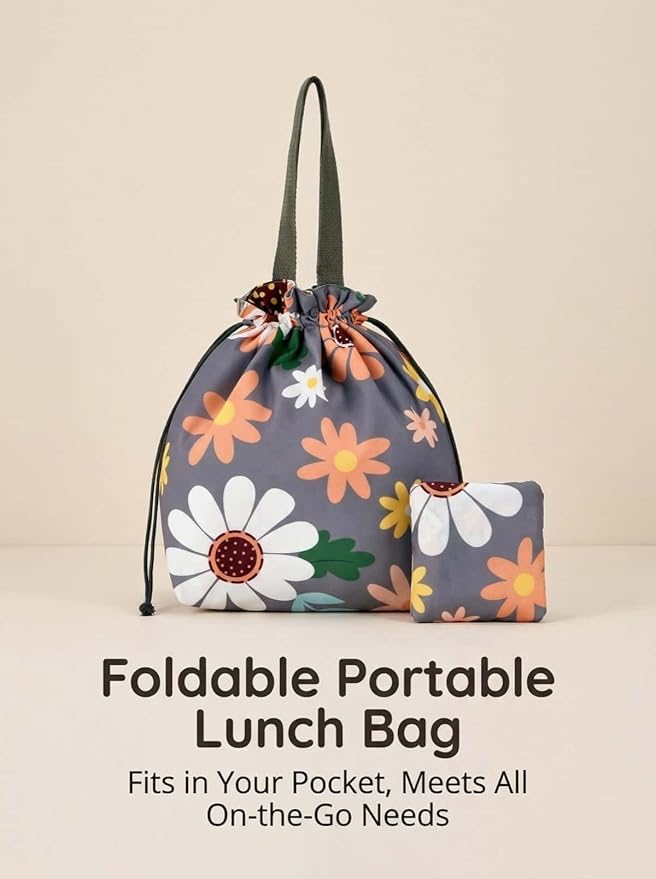Reusable Small Lunch Bag,Drawstring Lunch Bag,Insulated Handbag Tote bag with Handle (Sunflower 2.0)