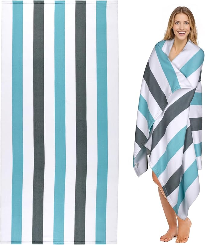 cabanana Large Oversized Beach Towel - Microfiber Sand Free 35 x 70 Inch Quick Dry Lightweight Pool Towel for Adults, Thin Striped Swim Towel (Quarry)