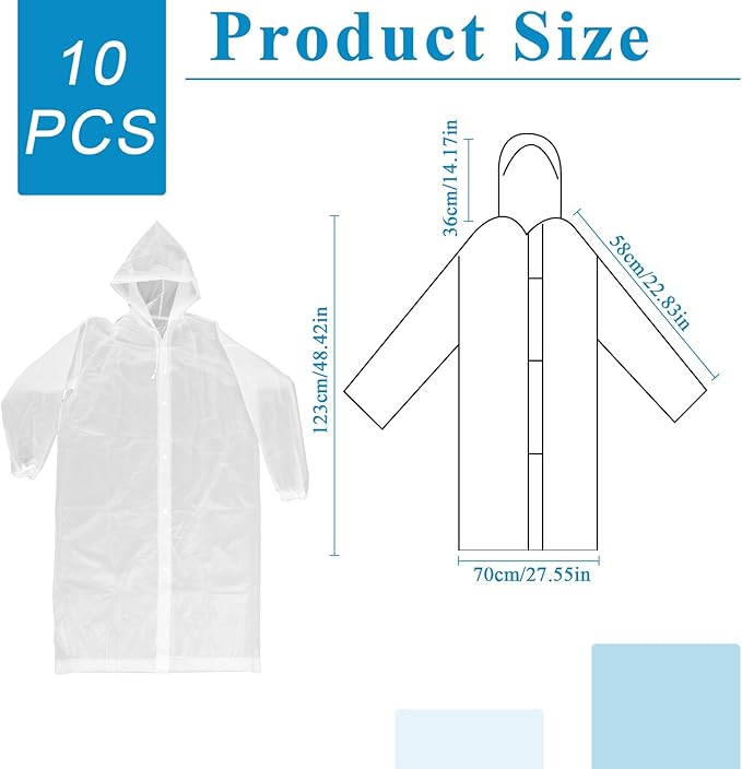 10 Pack Reusable Rain Ponchos for Adults Waterproof EVA Raincoats with Drawstring Hood Portable Rain Jackets Emergency Poncho for Outdoor Travel Camping Hiking