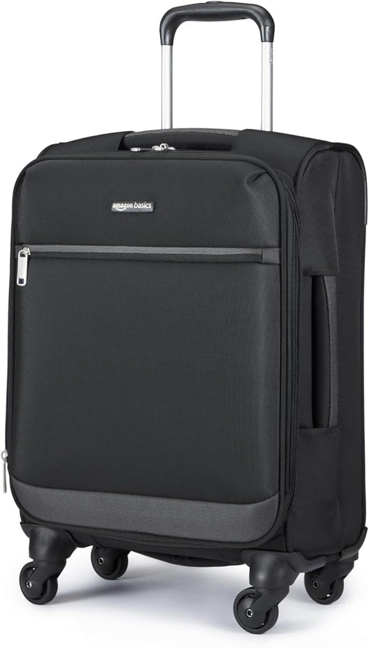 Amazon Basics 18" Medium Carry-On Softside Expandable Suitcase with 360-Degree Spinner Wheels, Telescoping Handle, Zippered Pocket and Straps, Black