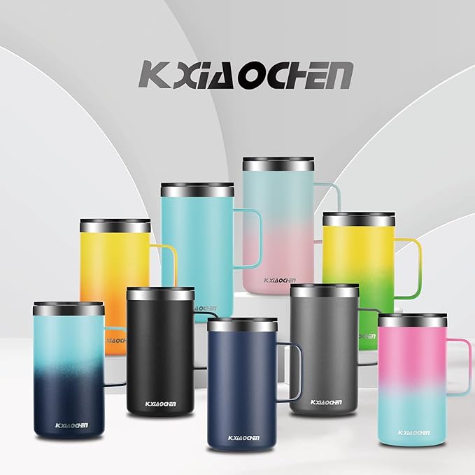 KXIAOCHEN 20oz Insulated Coffee Mug with Lid, Stainless Steel Coffee Cup, Double Wall Vacuum Coffee Tumbler with Handle, Premium Thermal Travel Coffee Mug (Blue Green+Purple)