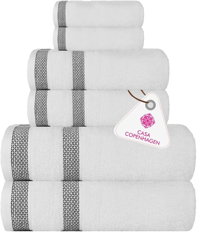 CASA COPENHAGEN Solitaire 6Pcs 100% Egyptian Cotton Large Designer Towels Gift Set- Bright White, 600GSM, 2Bath 2Hand 2Washcloths, Bath Towels for Bathroom Set for Women & Men