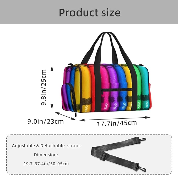 colored crayons Print Gym Bag with Shoe Compartment for Women Men, 17.7in Sports Duffle Weekender Tote, Overnight Travel Duffel Bag Carry On