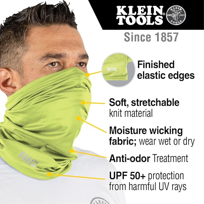 KLEIN TOOLS 60465 Cooling Band for Neck and Face with Evaporative Performance Knit Fabric, Cools Instantly When Wet, UPF 50 Protection, Yellow