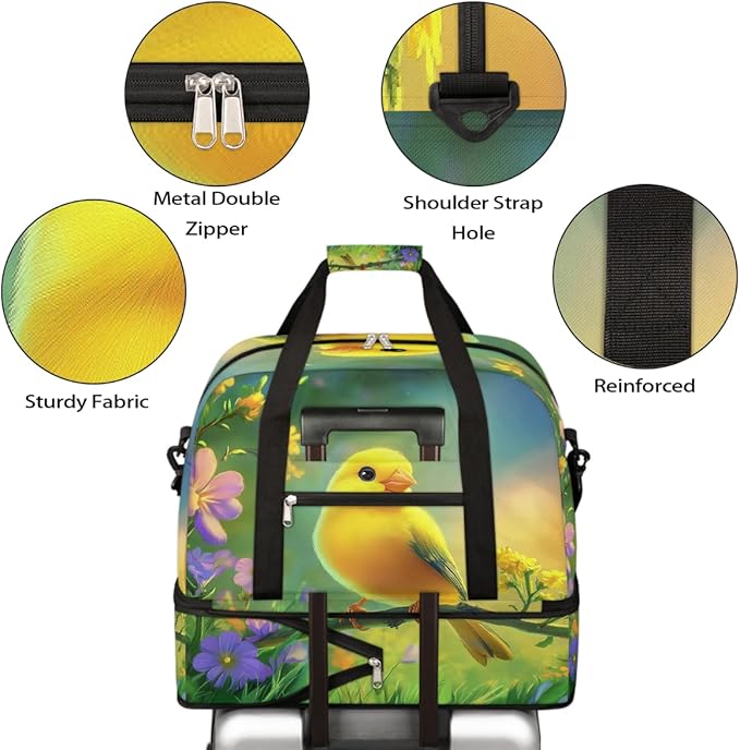 Yellow Birds Floral Sports Duffel Bag Lightweight Gym Bag with Shoe Compartment Waterproof Travel Weekender Bag for Women and Men