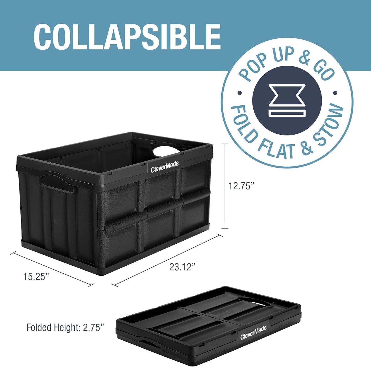 CleverMade Collapsible Storage Bins - Ocean 3 Pack 62L / 16 Gal holds 100 lbs - Stackable Containers Heavy Duty Capacity Crates-Space-Saving