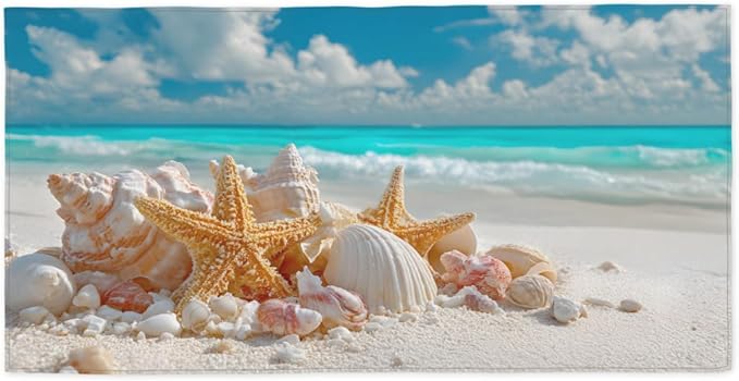 Blue Sky Seaside Shells Beach Towel, Large Microfiber Quick Dry Lightweight Pool Bath Towels Sand Free Beach Blanket for Summer Cruise Yoga Camping Travel Vacation Essentials 31 x 61 in