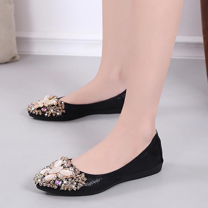 Women Ballet Flats Sparkly Rhinestone Wedding Ballerina Shoes Pointed Toe Foldable Comfort Slip on Flat Dress Shoes