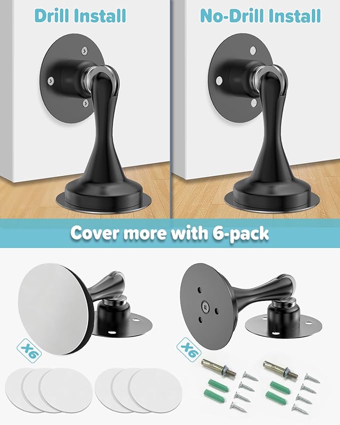 Door Stoppers Magnetic Door Catch - 6 Pack Stainless Steel Heavy Duty Door Stops for Bottom of Door, Wall & Floor Mounting No-Drill Strong Adhesive & Screws, Door Holder to Keep Door Open