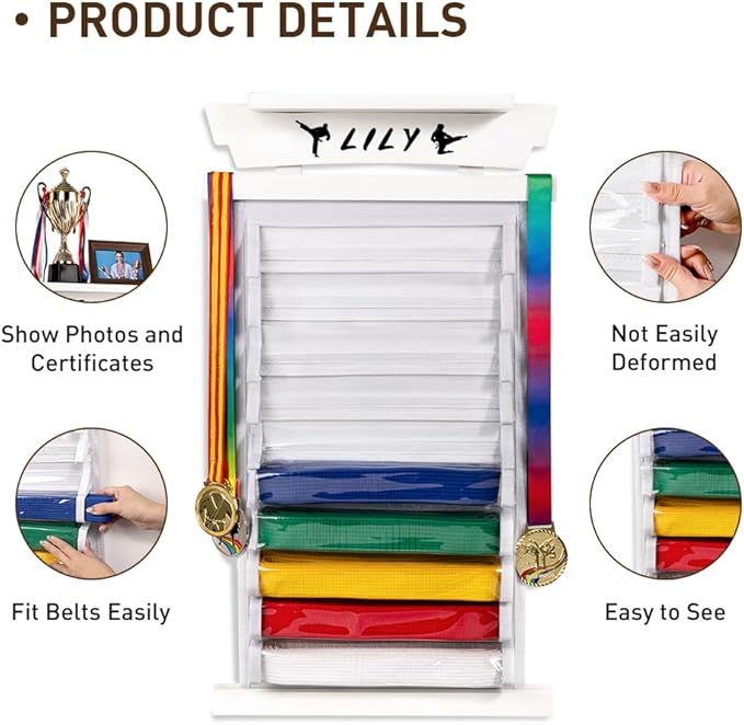 Tilhumt 10/12 Belts Karate Belt Display Rack with Photo Shelf, Felt Taekwondo Belt Display Rack Martial Arts Belt Display for Adults TKD, BJJ