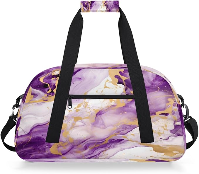 Gym Bag for Women Men, Purple And Gold Marble Travel Duffle Bags for Dance Ballet Overnight, Carry-On Weekender Bag with Detachable Shoulder Strap