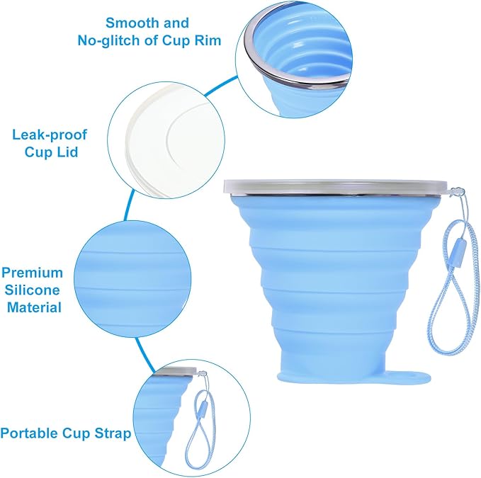 PATIKIL Collapsible Travel Cup, 2 Pack 270mL Travel Folding Cup with Lid Silicone Portable Drinking Cup for Traveling Camping, Blue