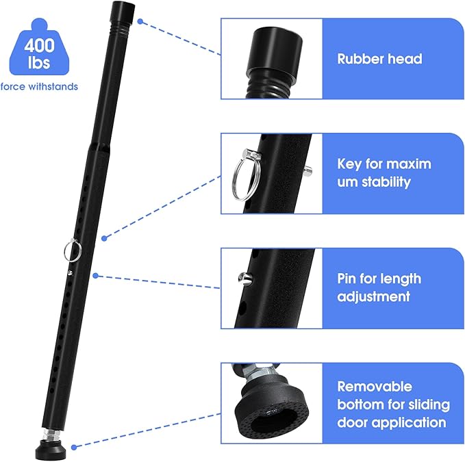 Sliding Door Security Bar,16 to 51 Inch Adjustable Sliding Patio Door Window Security Bar Stopper, Child Proof Window Locks Security Bars, Black Heavy Duty Sliding Glass Door Lock Bar