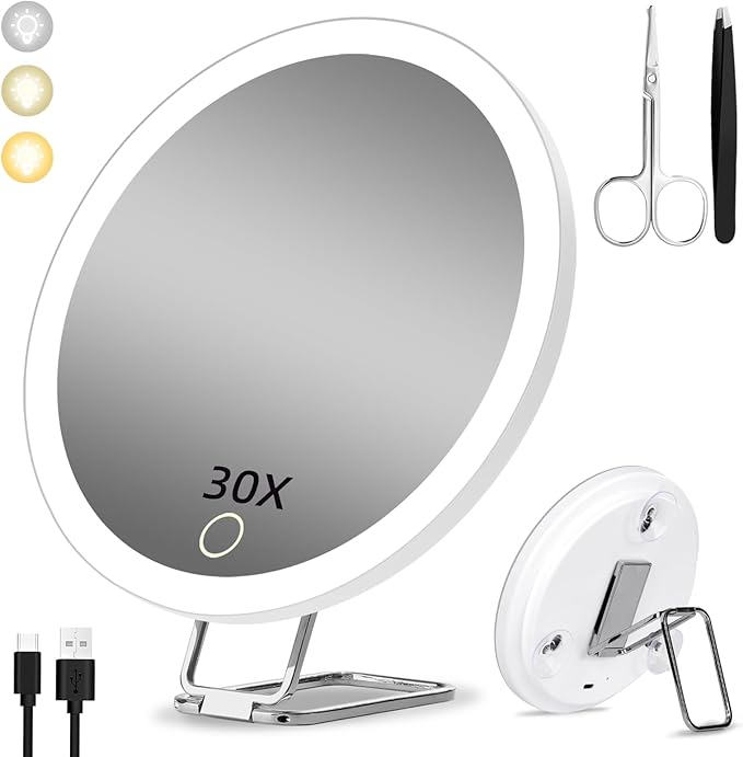 Magnifying Mirror with Light 30X, , Large 6" Rechargeable 3 Colors Modes Dimming Lighted Makeup Mirror with 30X Magnification, LED Travel Magnified Mirror with 3 Suction Cups and 360° Table Stand