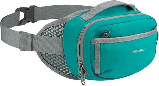 WATERFLY Fanny Pack Waist Bag: 2.3L RFID Blocking Anti-Theft Crossbody Bags with Bellows-Style Opening, Breathable Casual Hip Pack for Women Men Traveling Walking Hiking-Cyan