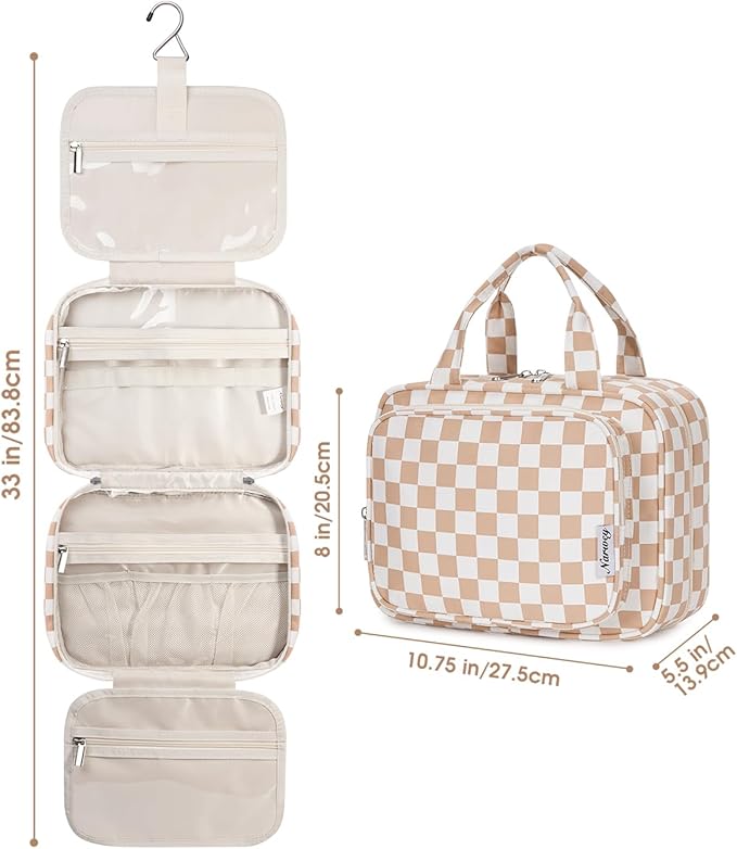 Narwey Hanging Toiletry Bag for Women Travel Makeup Bag Organizer Toiletries Bag for Travel Size Essentials Accessories Cosmetics (Light Checkerboard (Medium))