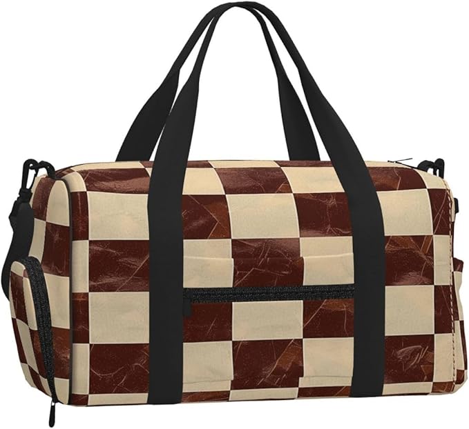 Sports Gym Bag Brown Marbling Checkerboard Grid Travel Duffel Bag With Shoe Compartment Shoulder Strap, Lightweight Water-Resistant Weekend Overnight Totes For Women Men