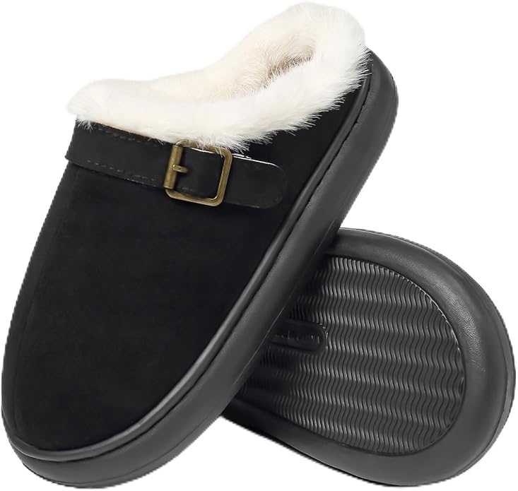 Close Toe Slip On Cotton Slippers with Breathable Faux Fur Memory Foam House Slippers for Women Warm Fuzzy Indoor Slippers with Non-Slip Rubber Sole
