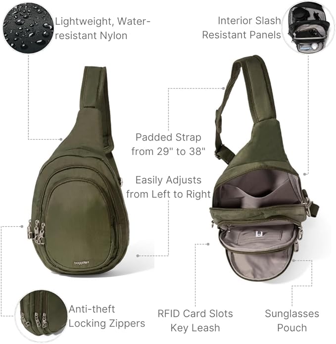Baggallini Securtex® Anti-Theft Triple Zip Sling 8.6"x15.2" Travel Crossbody Backpack with RFID Wallet Locking Zipper
