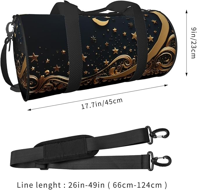 Golden background and crescent moon Sports Gym Bag for Women Men Travel Duffel Bag Tote Weekender Bag Canvas Carry on Overnight Bag for Travel Swimming Fitness Workout Sports Duffle Bag