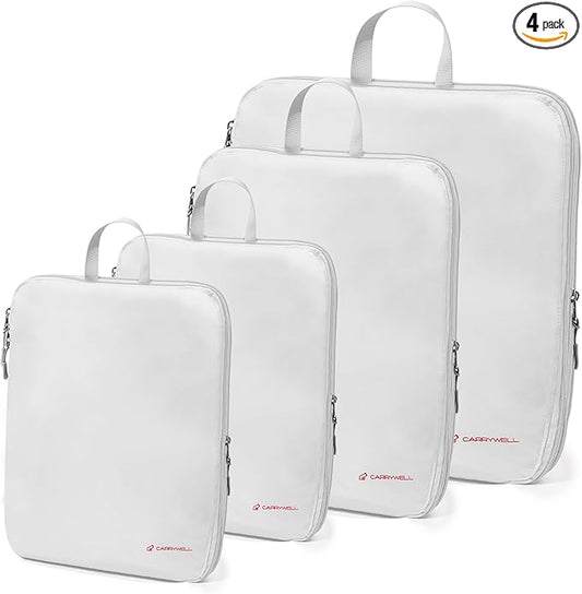 (Not Made In China) Compression Packing Cubes For Travel, Suitcase and Luggage Space Saver Organizer Bags, Lightweight, Waterproof Nylon, Durable, 4pc Set, White