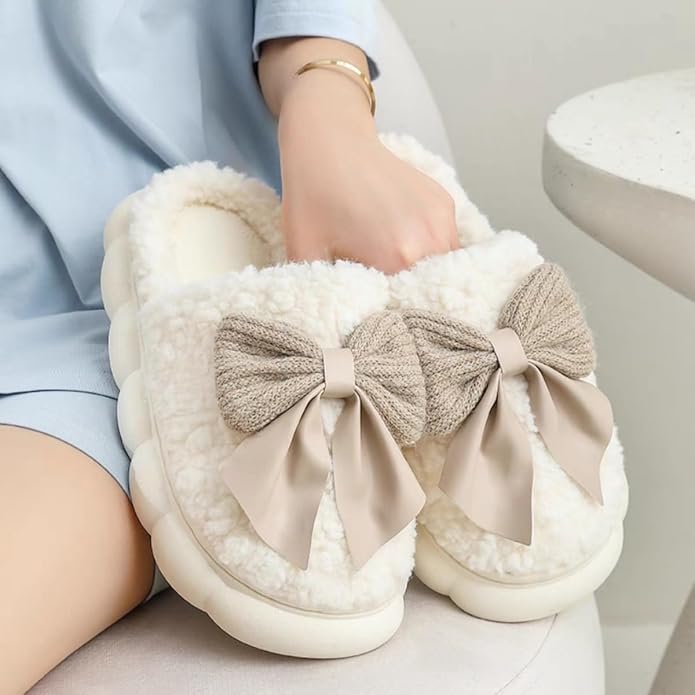 Cute Bow Slippers for Women, Womens Fuzzy Fluffy Cozy Indoor Outdoor House Slippers