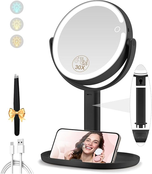 Makeup Mirror with Lights, Double Sided 1x/30x Magnifying Mirror with Light, Rechargeable 3 Color Lights and Adjustable Brightness, 360° Rotation Detachable Comes with Tweezer(Dark-30X)